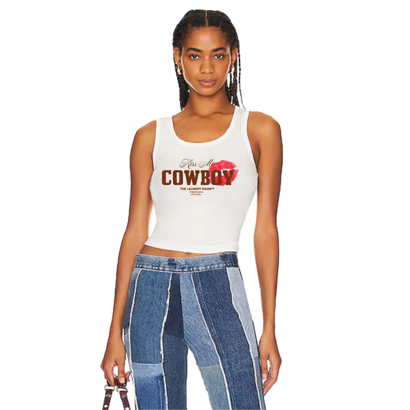 Kiss Me Cowboy - Rib Tank - White - The Laundry Room