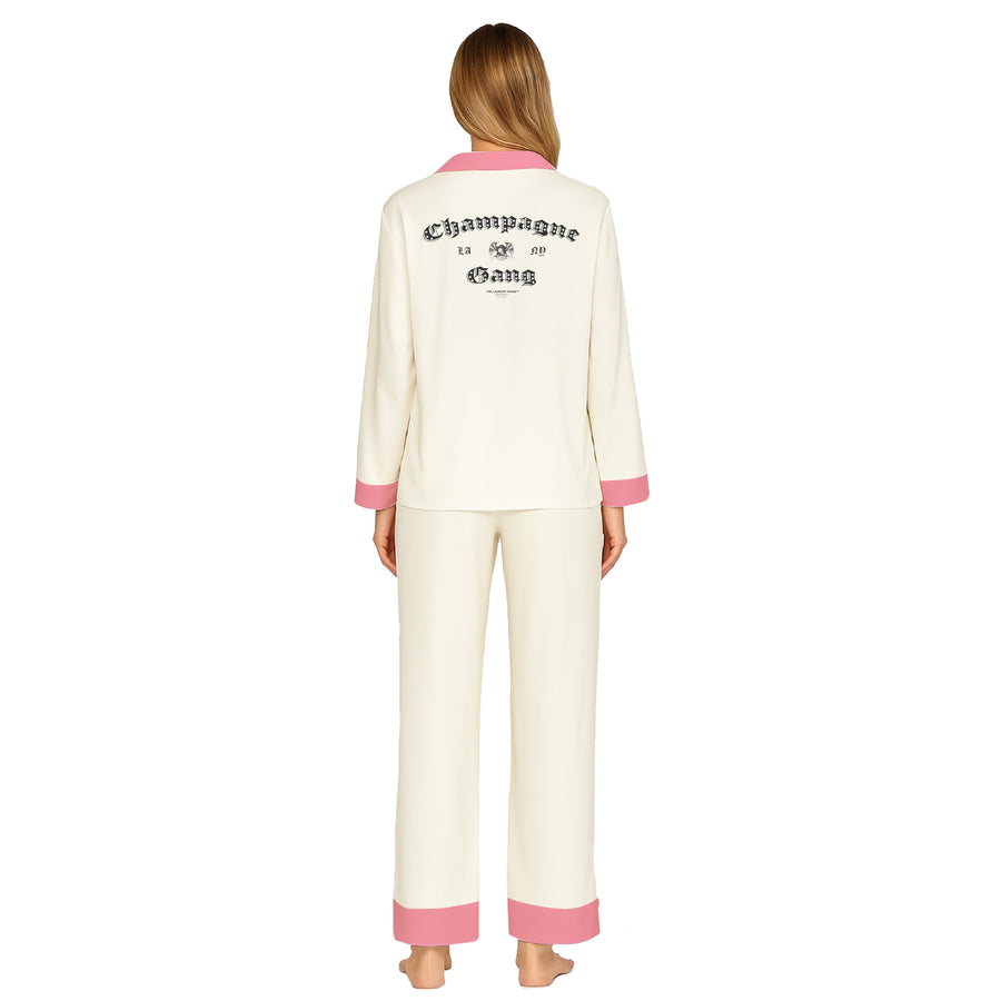 Champagne Gang - Silky PJ Set - Bone & Pink
