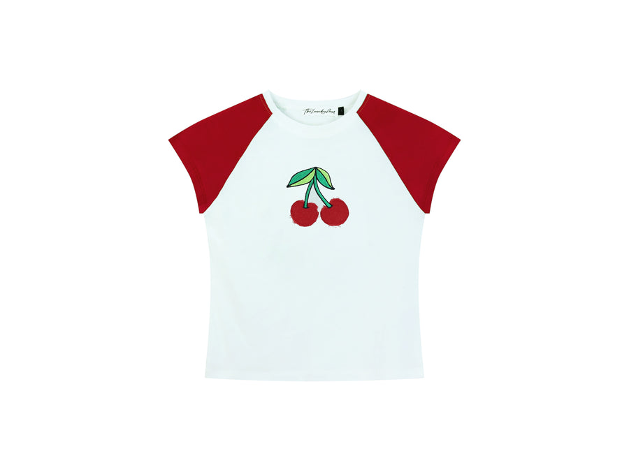Cherries Embroidery - Raglan Baby Tee - Bone & Cherry - The Laundry Room
