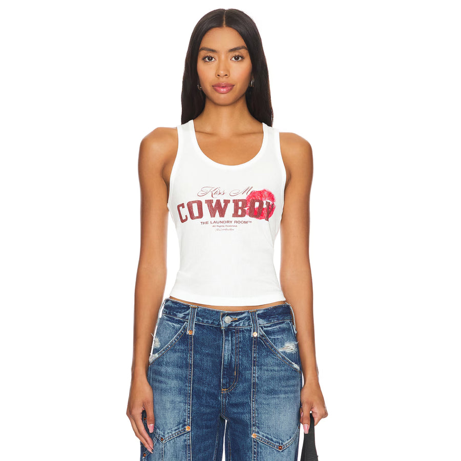 Kiss Me Cowboy - Rib Tank - White - The Laundry Room