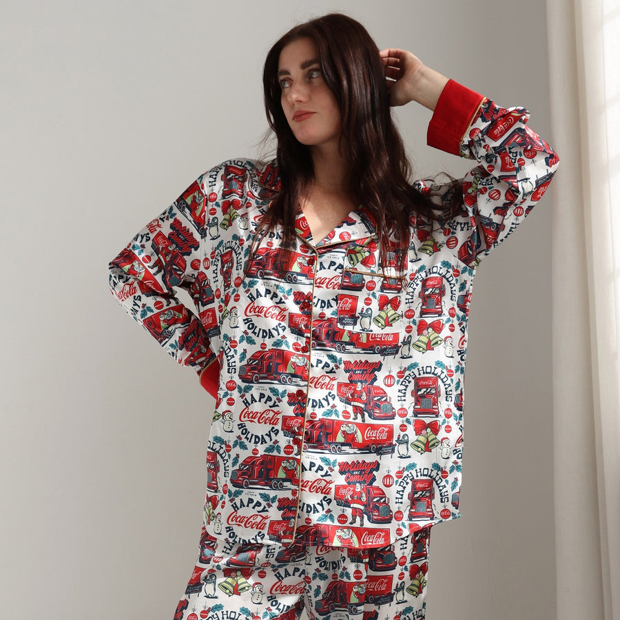 Happy Coca-Cola Holidays - Silky PJ Set - White & Red - The Laundry Room