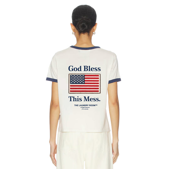God Bless This Mess Flag - Perfect Ringer Tee - Bone & Navy Snow - The Laundry Room
