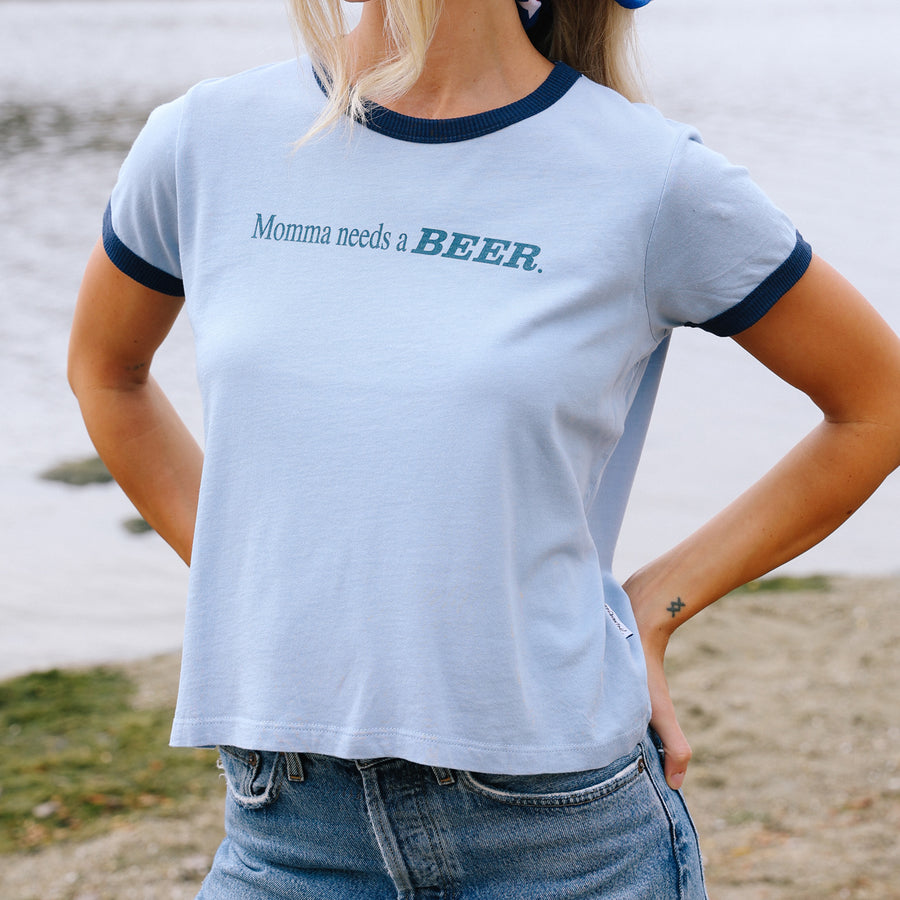 Momma Needs A Beer - Perfect Ringer Tee - Chambray & Navy Snow