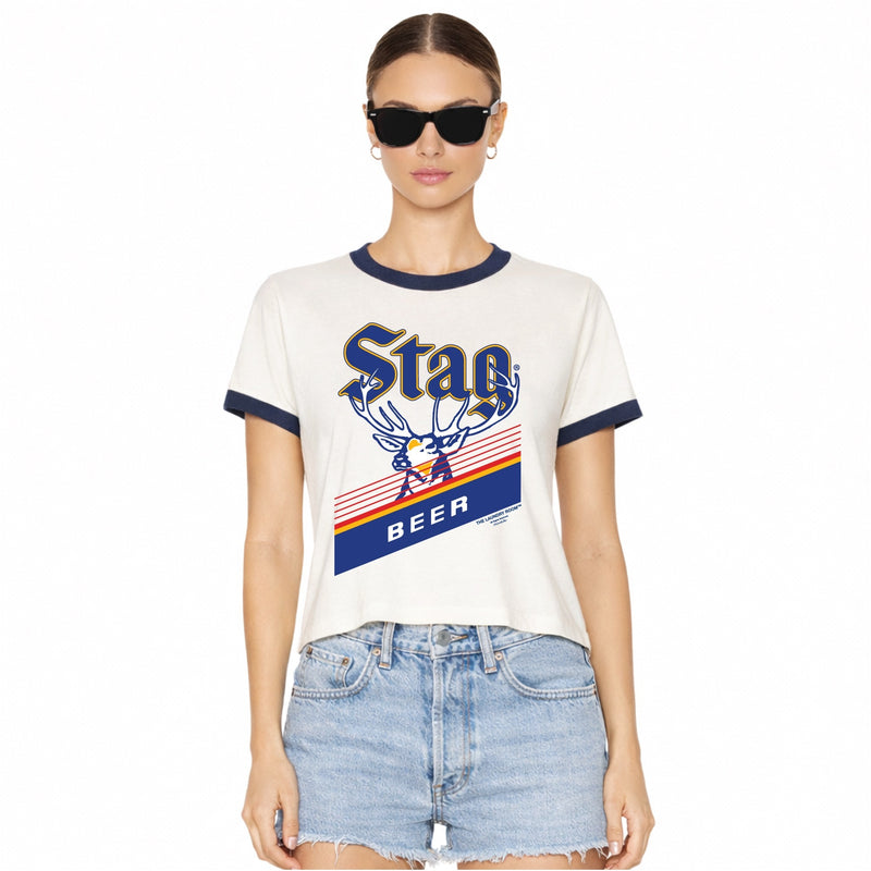 Stag Beer Buck - Perfect Ringer Tee - Bone & Navy Snow