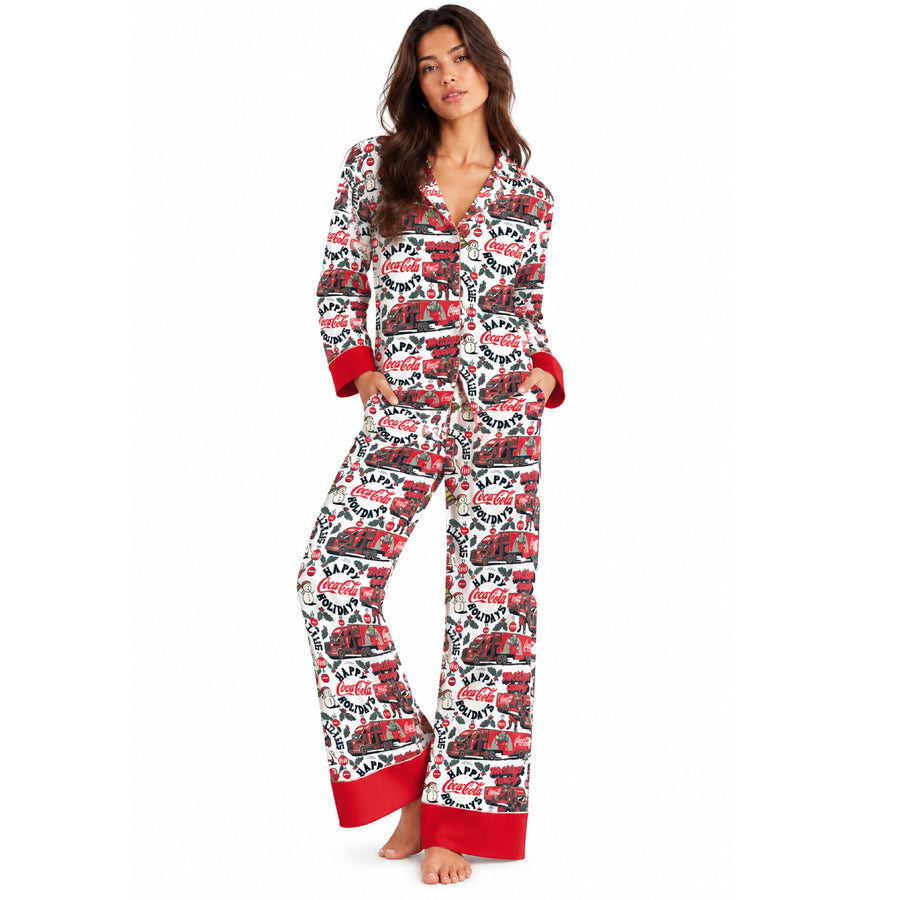 Happy Coca-Cola Holidays - Silky PJ Set - White & Red - The Laundry Room