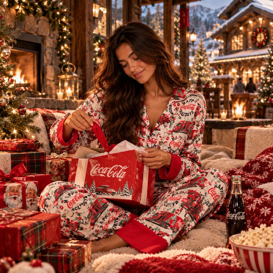 Happy Coca-Cola Holidays - Silky PJ Set - White & Red - The Laundry Room