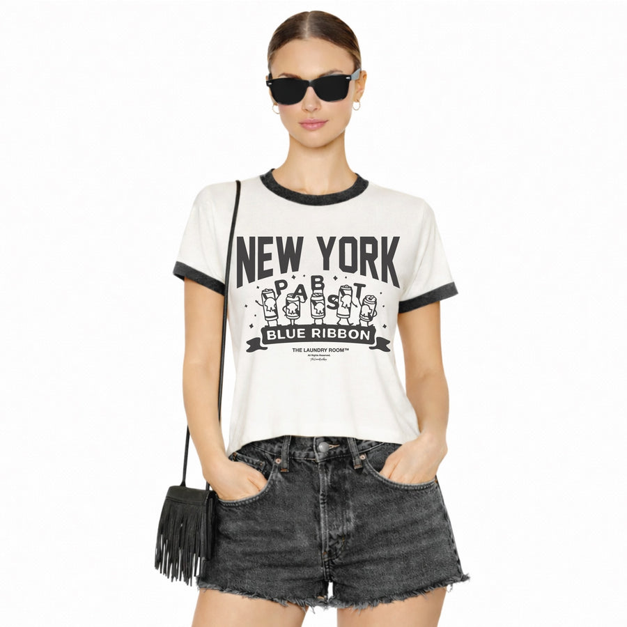 New York Pabst Blue Ribbon - Perfect Ringer Tee - White & Black Snow